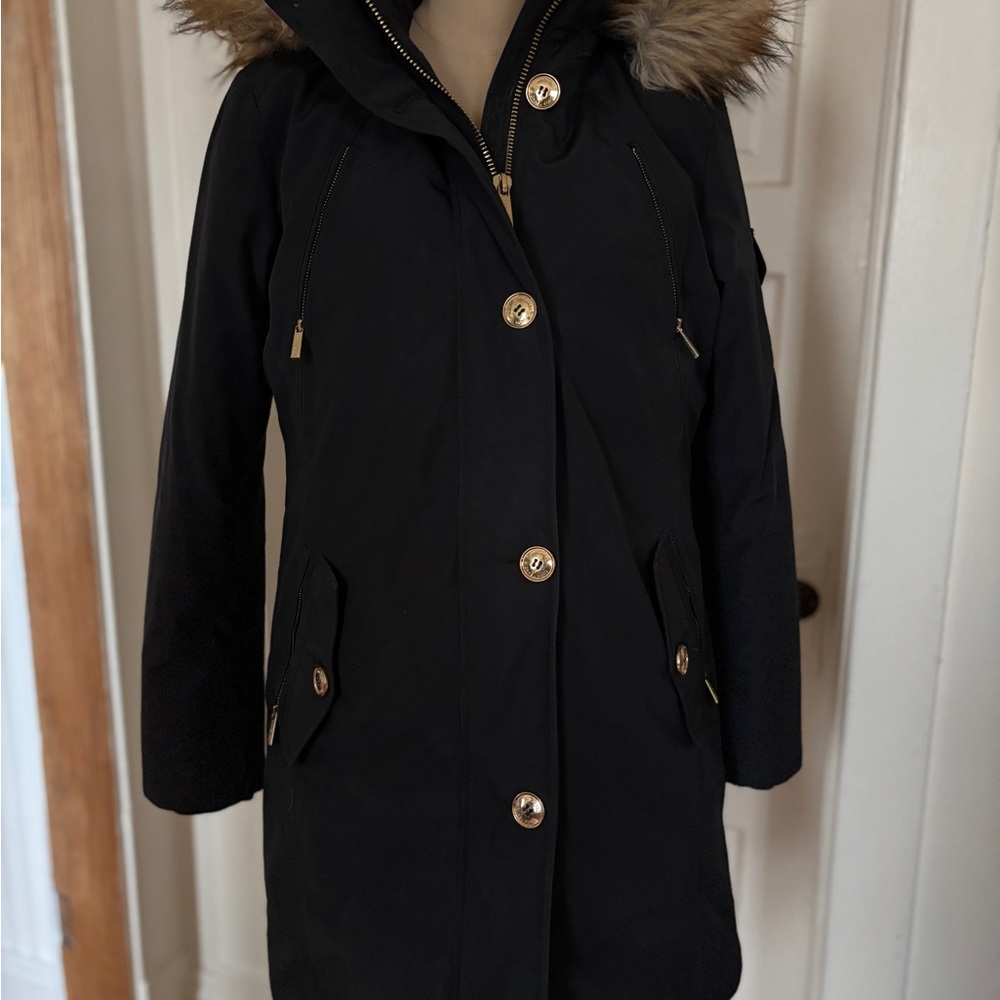 Michael Kors Black Parka Coat with Faux Fur Trim